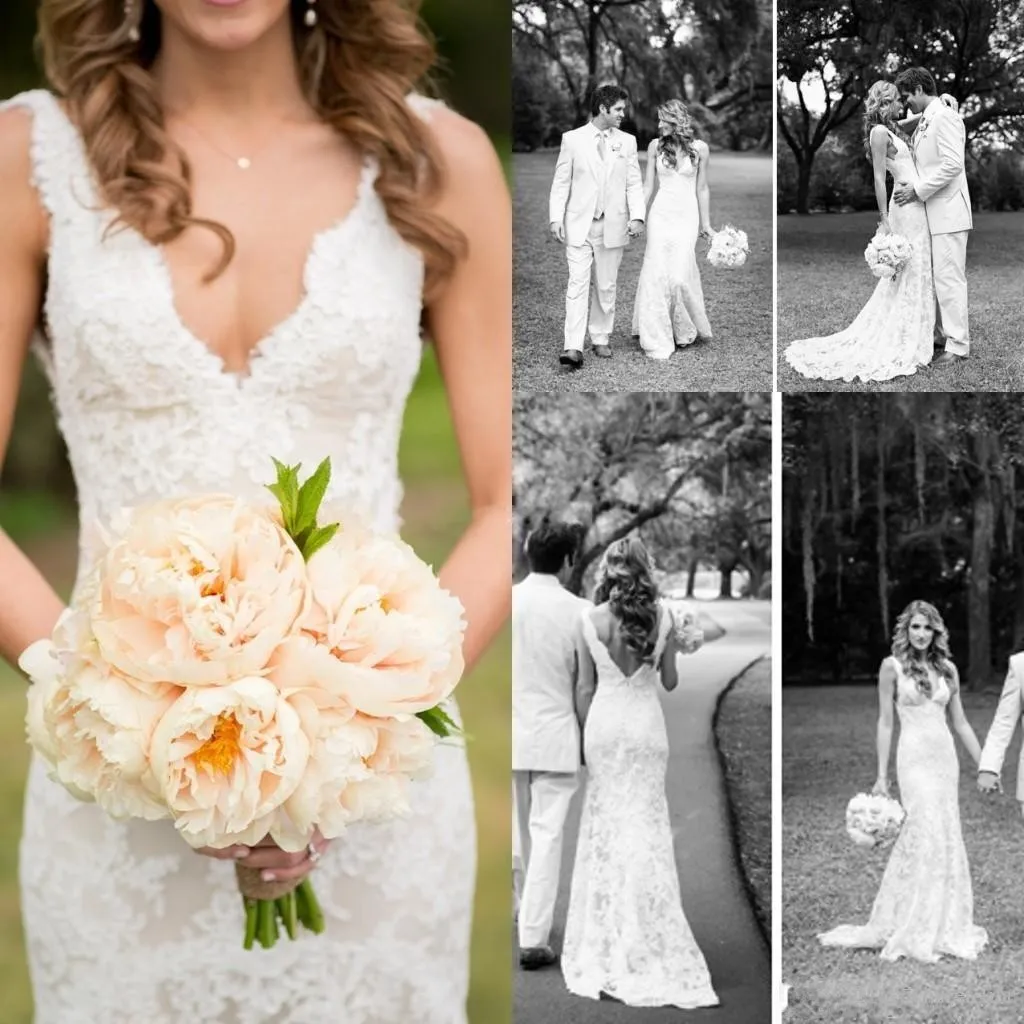 2020 robes de mariée sirène pleine dentelle col en V profond sans manches dos ouvert balayage train arabe Vintage pas cher été plage robes de mariée formelles