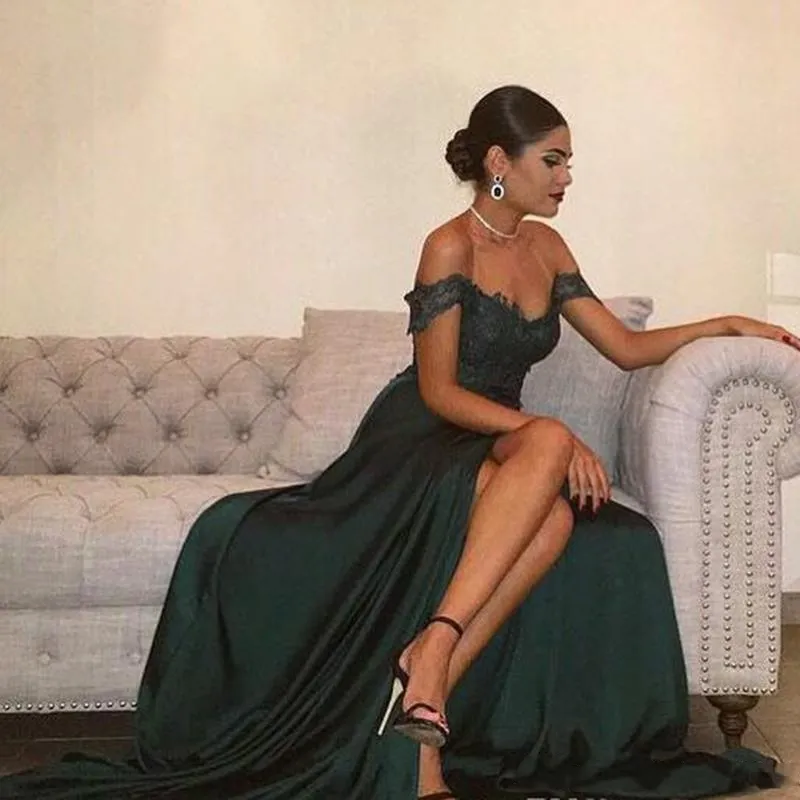 Green Vintage Off-Shoulder A-Line Dark Green Evening Gown with Long Backless - Customizable Plus Size Formal Prom Party Gown HY296