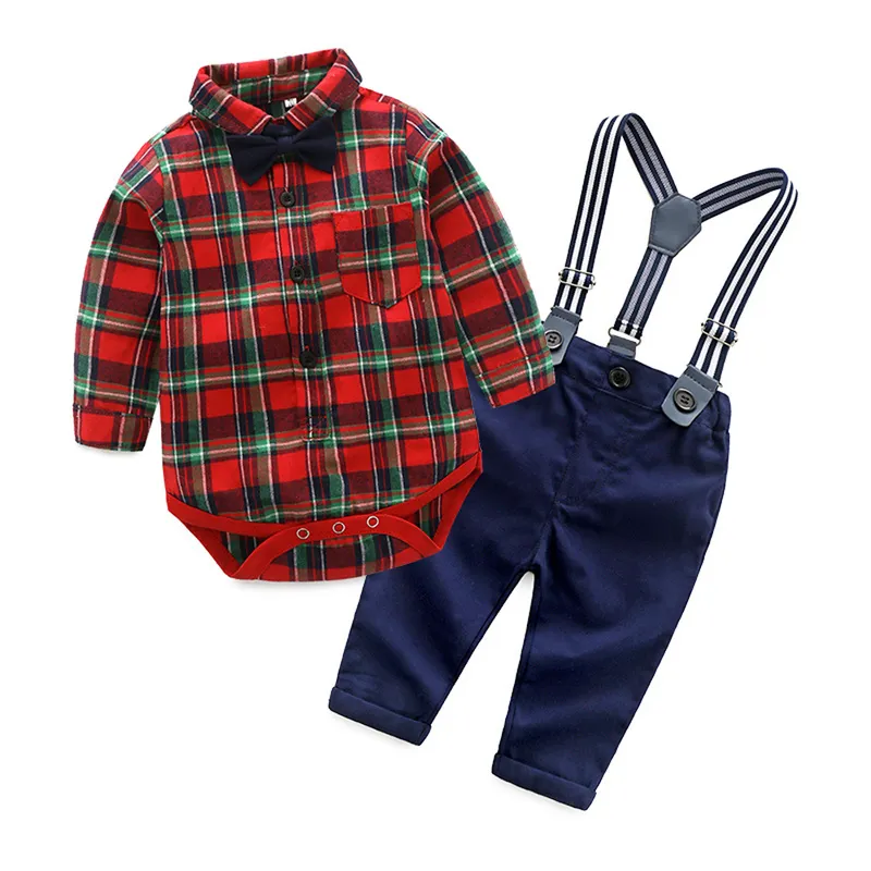 2018 Fashion Baby Boy Clothings Gentleman Baby Plaid Bodysuits +Calça +Tire Bow Manuve Manga Longa Crianças Conjuntos de Crianças Roupas