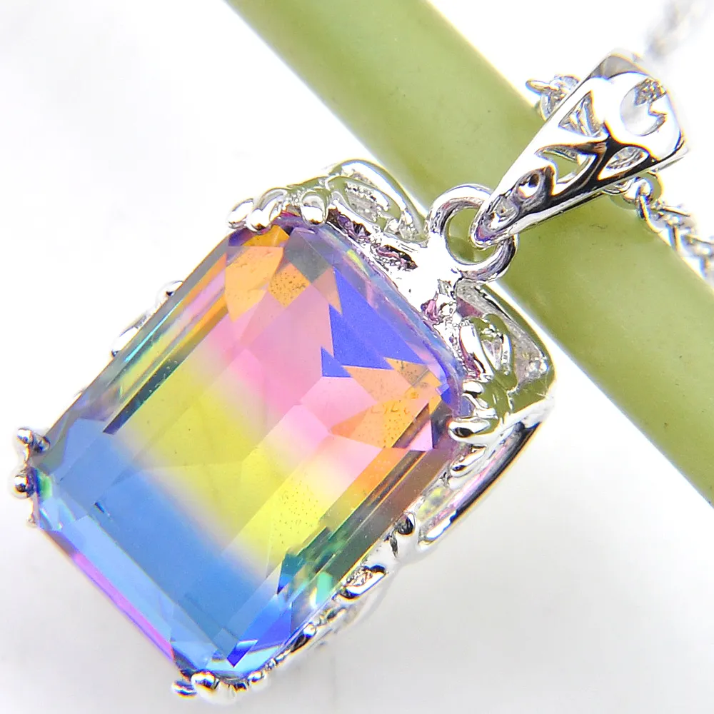 FÖR KVINNA Rektangelgradient Rainbow Bi-Colored Tourmaline Gift 925 Sterling Silver Necklace Pendants Jewelry 10 14 MM3369