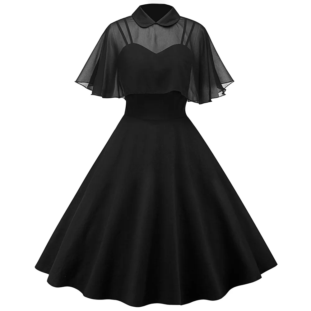 2018 Vintage Mesh Cape Robe Pin Up Turn Down Collier Femmes Black A Line Robes Robes De Capacité Décontracté Summer Vestido