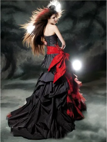 2018 preto gótico e vermelho uma linha brufles vestidos de noiva sweetheart karlenseset espartilho modesto vestidos de noiva tafeta back1232205