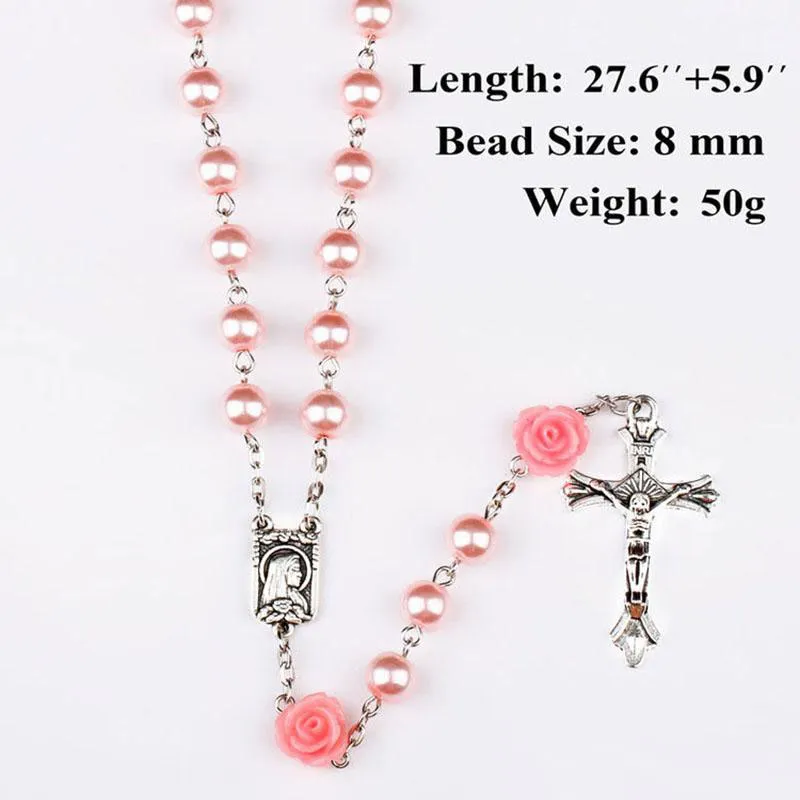 Rosa Rosenkranz katholischen Rosenkranz Halskette für Mädchen Frauen Glas  Vater Perle Kruzifix Anhänger Rose Halloween Geschenk Mädchen