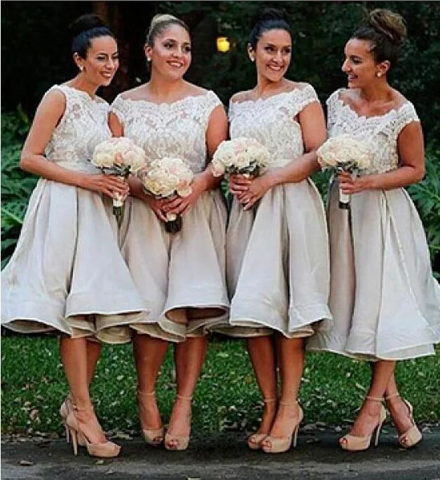 Kort plusstorlek brudtärna klänningar knälängd spetsapplikationer blixtlås organza bröllop gäst maid av hedersklänning skräddarsydd HY268