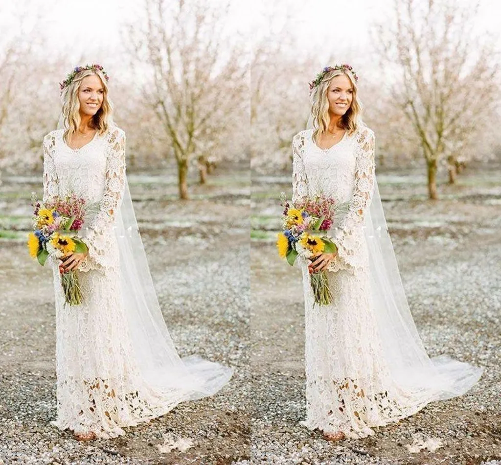 Romantic Boho Wedding Dresses Long Sleeve Neck A Line Full Lace Country Style Bridal Gown Custom Made264q
