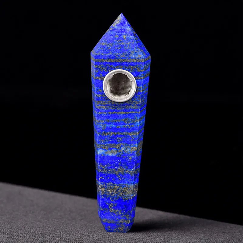 Chunky Royal Natural Lapis Lazuli Gem Stone Quartz Crystal Wand + Metal Strainer Rökning Rör Snidad Blå Punkt Obelisk Gemstone Tobacco Pipe