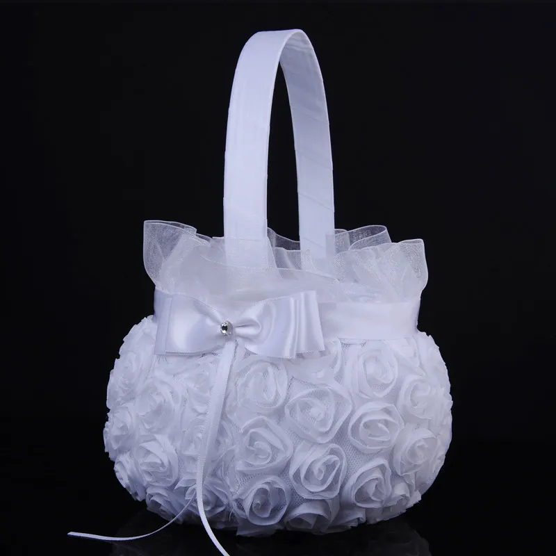 Vit Rose Flower Girl Basket Elegant Satin Bow Knot Round Bröllop Favoriter Dekoration