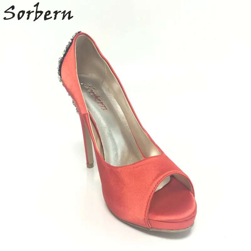 Sorbern Sapatos De Casamento De Cetim Vermelho Peep Toe Cristais Sapatos De Noiva Sapatos De Plataforma De Salto Alto Sapatos De Casamento Sapatos de Bombas Vestido Personalizado Cores 34-46