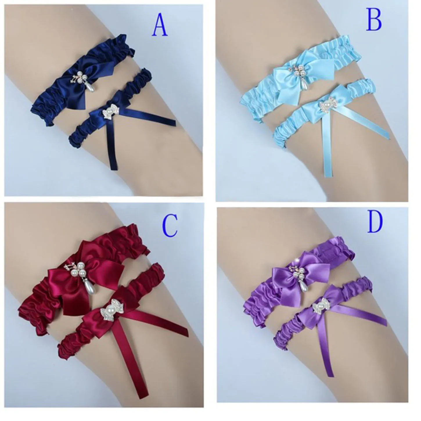 Burgundy Bridal Leg Garters Prom 가터 훈장 신부 웨딩 가터 벨트 2 개 세트 새틴 리본 보우 크리스탈 진주 무료 사이즈 17-21 inches