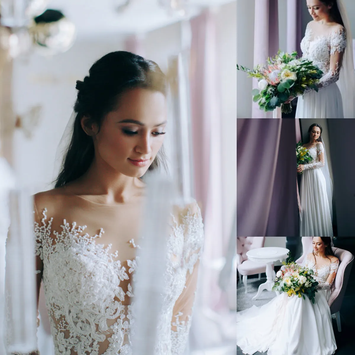 Summer Chiffon A Line Wedding Dress Country Style Sheer Neck Long Sleeve Lace Appliqued Sequins Illusion Bridal Gowns