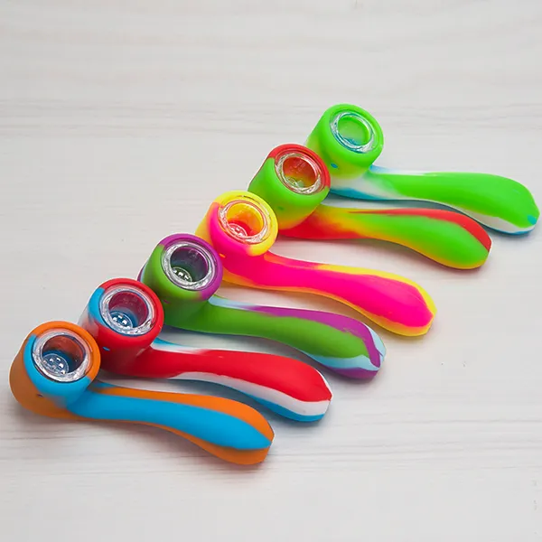 Silicone Tobacco Smoking Cigarette Pipe Water Hookah Bong Portable Shisha Hand Spoon Pipes Tools With Glass Bowl 519