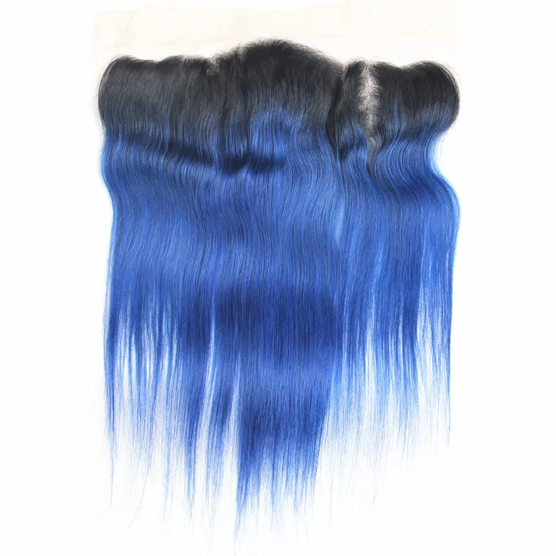 Perulu Mavi Ombre İnsan Saç Demetleri ile Dantel Frontal Kapatma 13x4 İki Ton # 1B / Mavi Ombre İnsan Saç Tam Dantel Cepheler ile Örgüleri