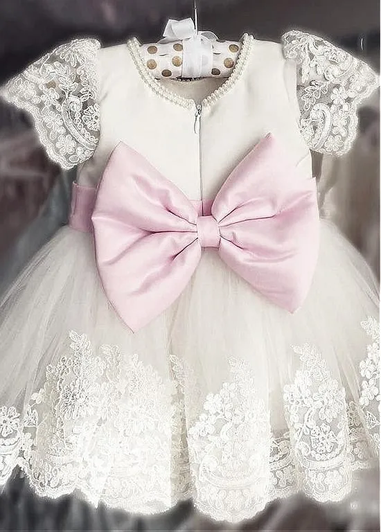 Jeweled Lace Applique vintage 1st communion dresses with Pearls and Bow - Ivory for Baby Girl Baptism and Christening
