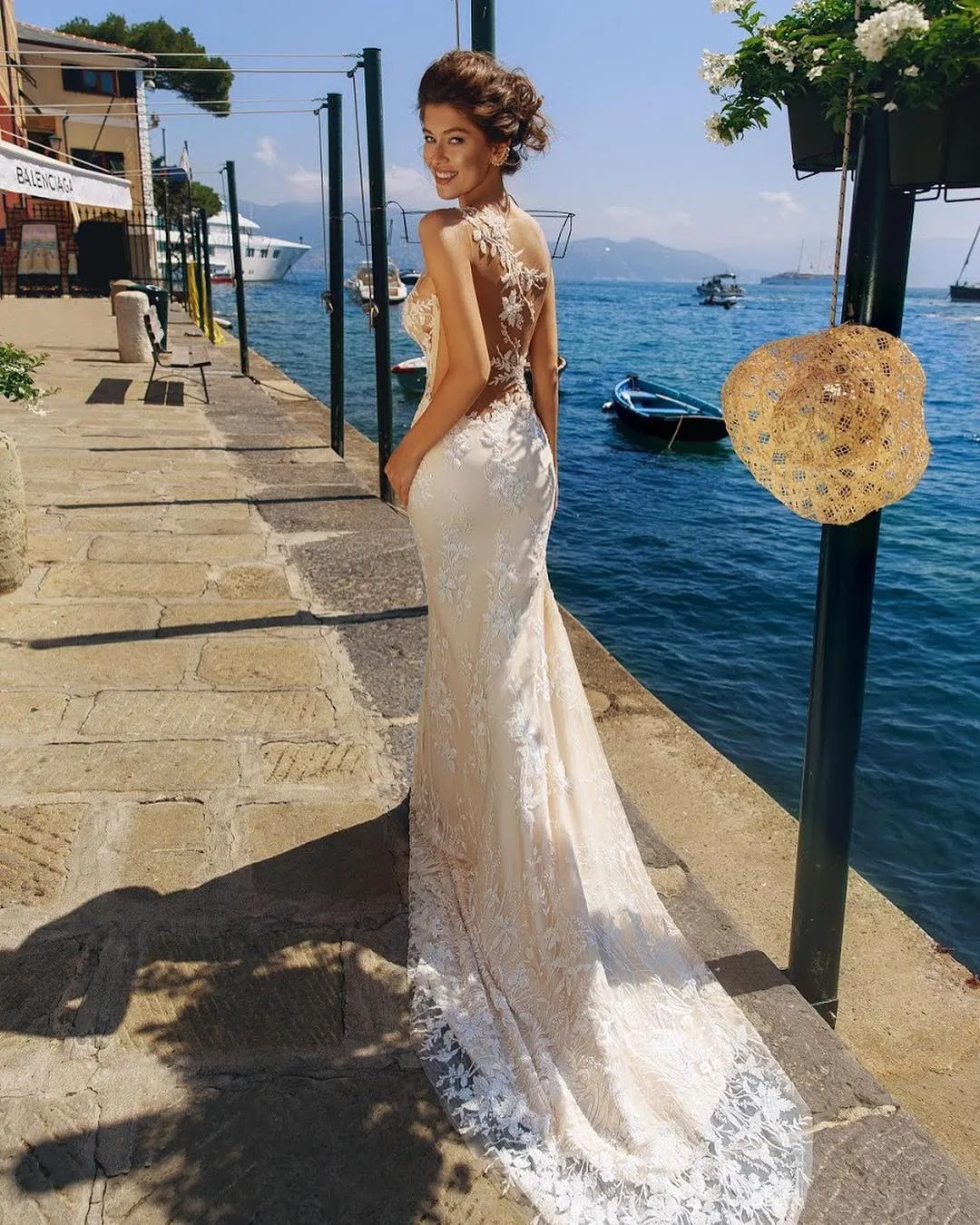 Robes de mariée sirène en dentelle attrayante perlée pure bijou cou plage robes de mariée avec jupe détachable grande taille tulle robe de novia