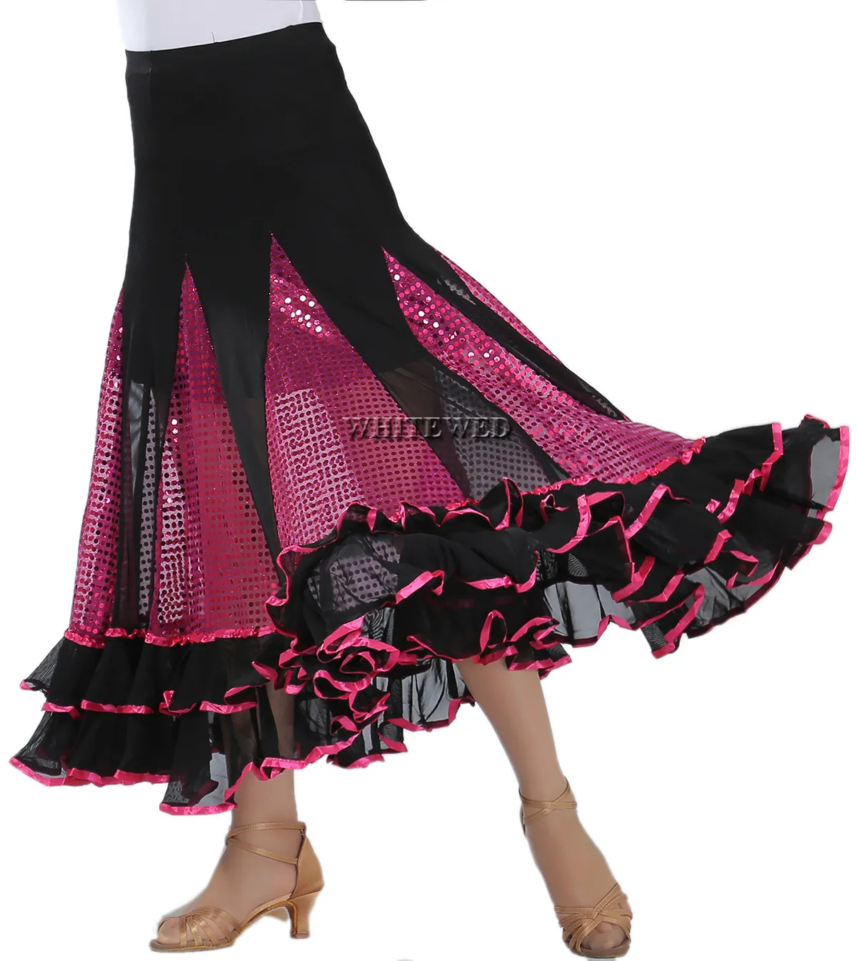 Whitewed Quickstep Folklorico Ballroom Jive Pratique Jupe Valse Danse À Volants Paillettes Longue Valse Latine Danse De Salon Cercle Tango Costumes