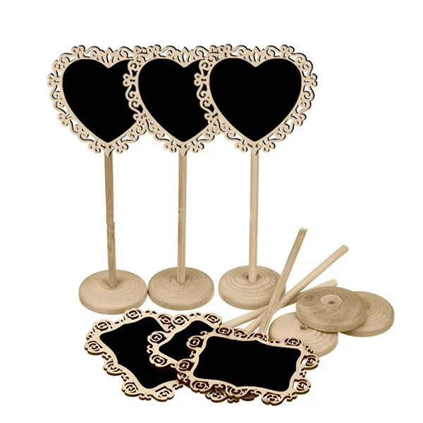 Creative En Bois Creux Ovale En Forme de Coeur Mini Tableau Noir Bois Tableau Sur Bâton Stand Titulaire Table Nombre De Fêtes De Mariage Décoration