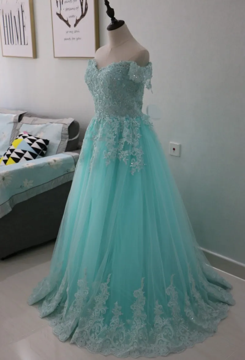 Fashion Off shoulders Prom Dress Long A line With Short Sleeves Applique Lace Sequin Tulle Corset Back Mint Green Long Dresses Evening Party