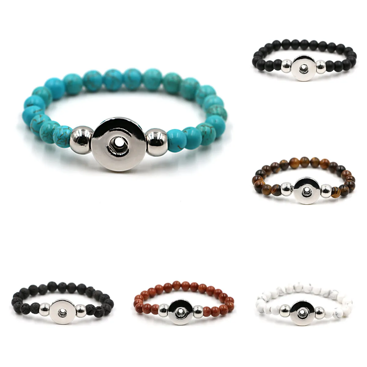 Pretty Fit Snap Button Jewelry Women Men Elastic Charm Bracelet Black Lava Turquoise Tiger eye Natural Stone Bead Bracelet