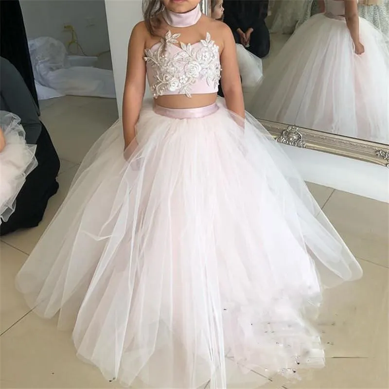 2018 Çiçek Kız Elbise Allık Pembe Yüksek Boyun İki Adet Dantel 3D Çiçek Aplikler Tül Boncuklu Prenses Doğum Günü Partisi Kızlar Pageant Törenlerinde