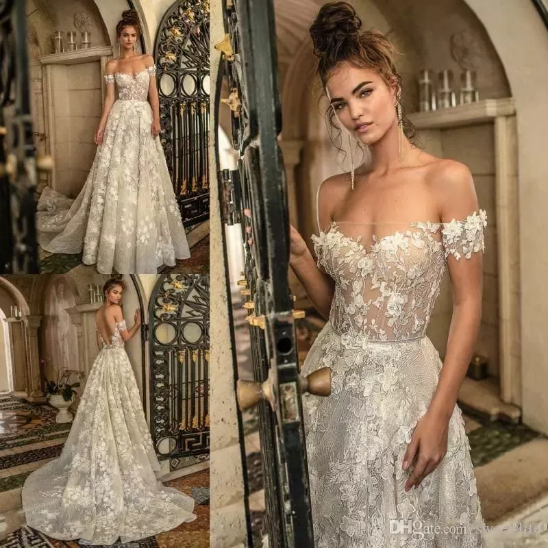 Berta 2019 Une Ligne Robes De Mariée Hors Épaule Dos Nu Robes De Mariée 3D Floral Appliqued robe de mari￩e Dentelle Plus Taille Robes De Mariée