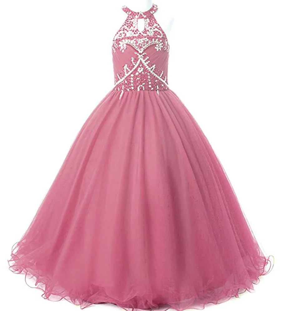 Glitz Girls Pageant Dresses Keyhole Back Crystal Beadings Halter Kids Ball Ball Prom Dress Vresses for Girls Flower Girl D9132803