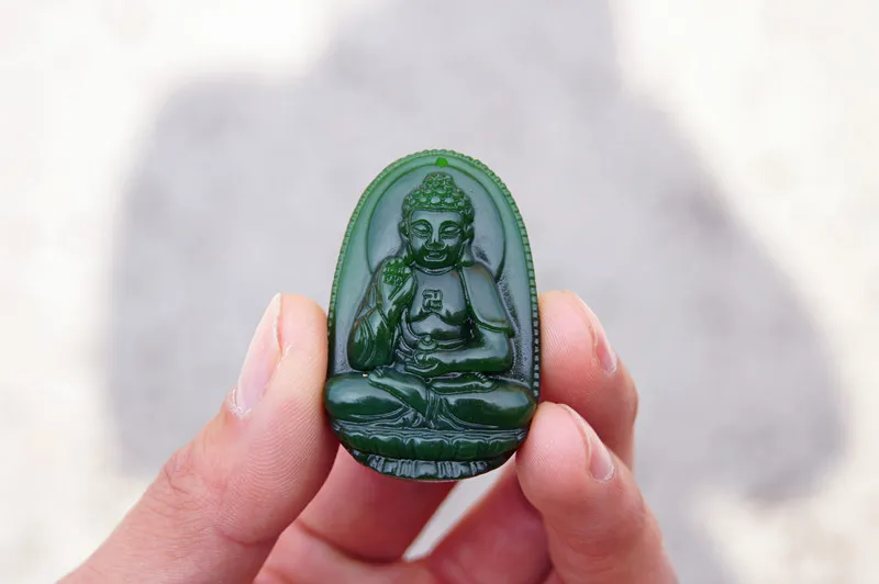 Free delivery - beautiful outer Mongolia jade Buddha amulet. Hand-carved necklace pendant.