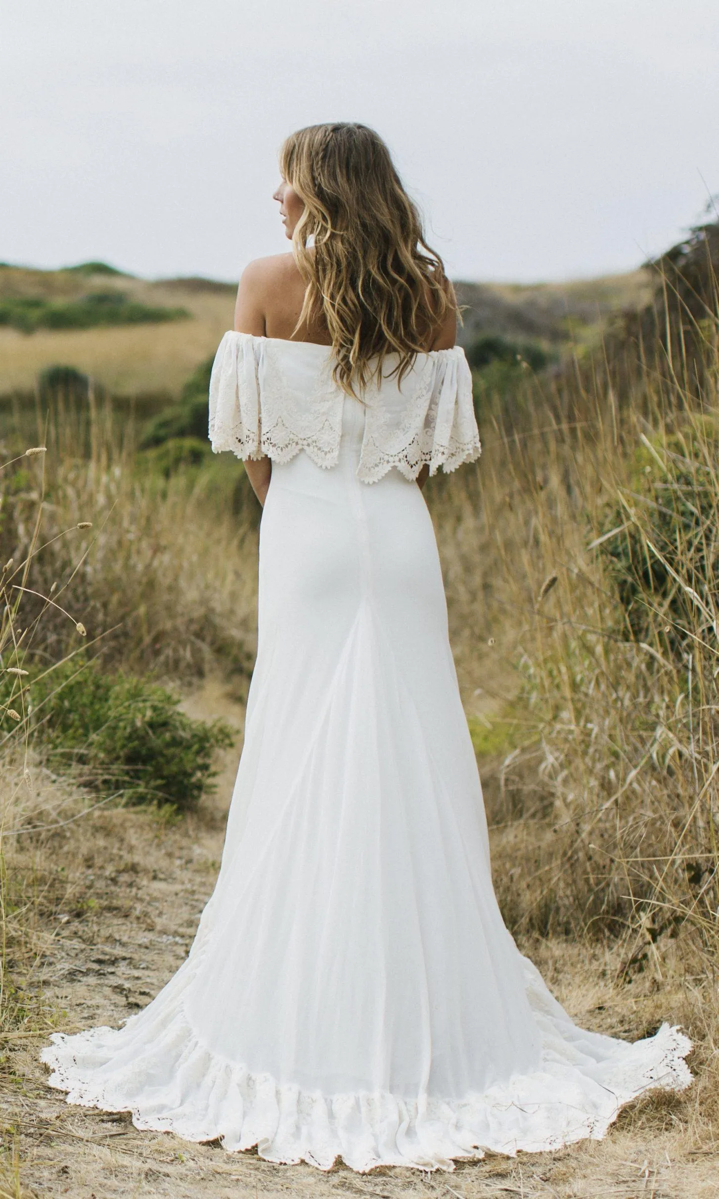 Bohemian off the shoulder wedding dress deals
