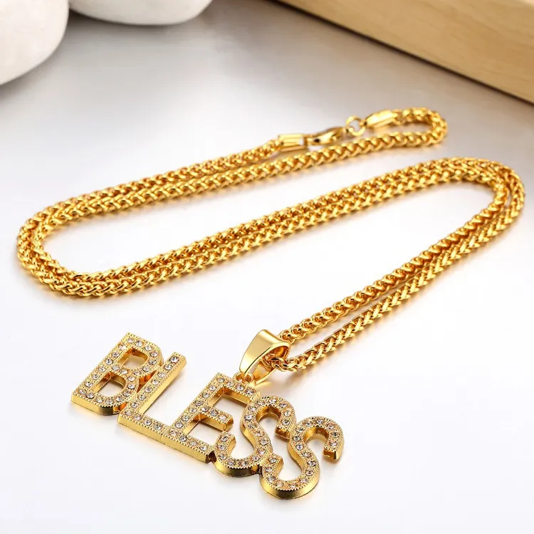 Iced Out Pendant Hip Hop Jewelry BLESS Letter Charm Luxury