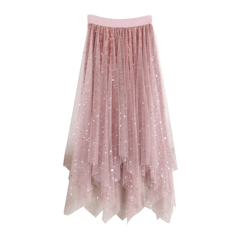 Осенне-зимняя нерегулярная сетчатая юбка средней длины с высокой талией и пайетками, милые женские юбки NS753