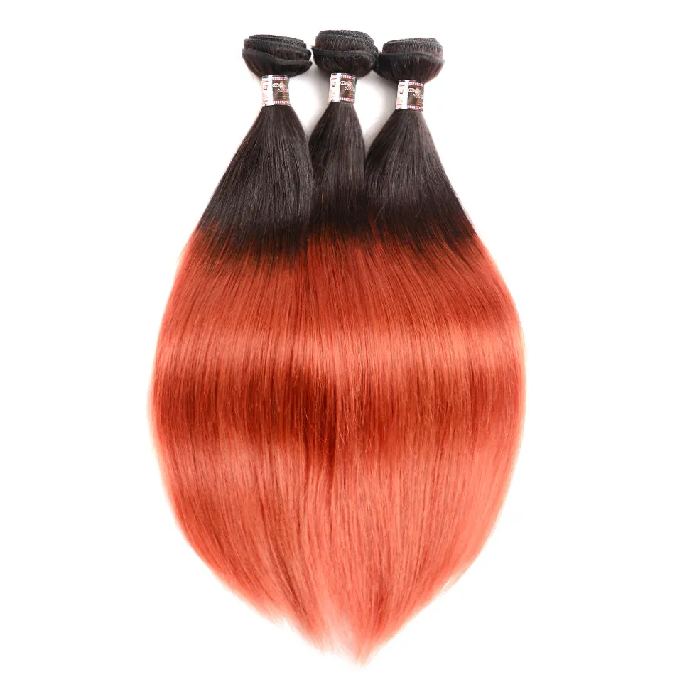 Tissages de cheveux péruviens vierges deux tons # 1B / Orange Ombre avec fermeture en dentelle 4x4 Racine foncée Ombre Orange Vierge Tissages de cheveux péruviens avec fermeture