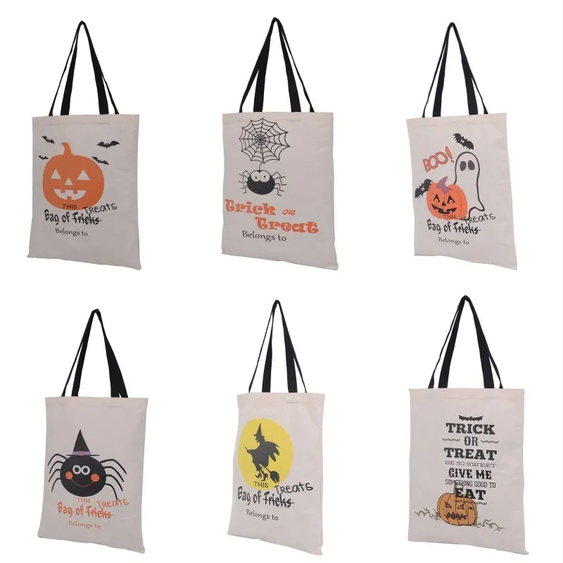 Hållbar återanvändbar Halloween Party Pumpkin och BAT PRINT BOTTOM CANVAS TOTE Presentväskor för shoppingmaterial