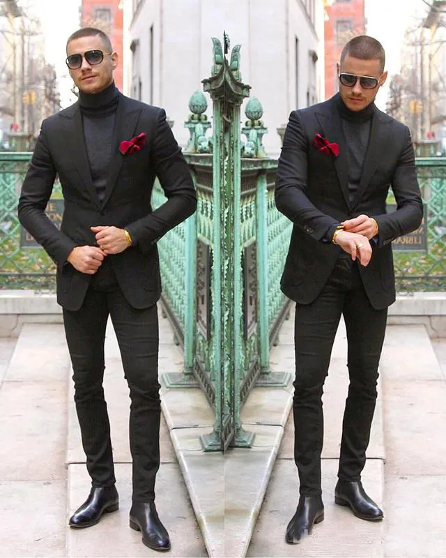 Classy Black Mens Prom Party Pak twee stukken Custom Made Wedding Tuxedos Slim Fit Bruidegom Formele Past (Jas + Pants)