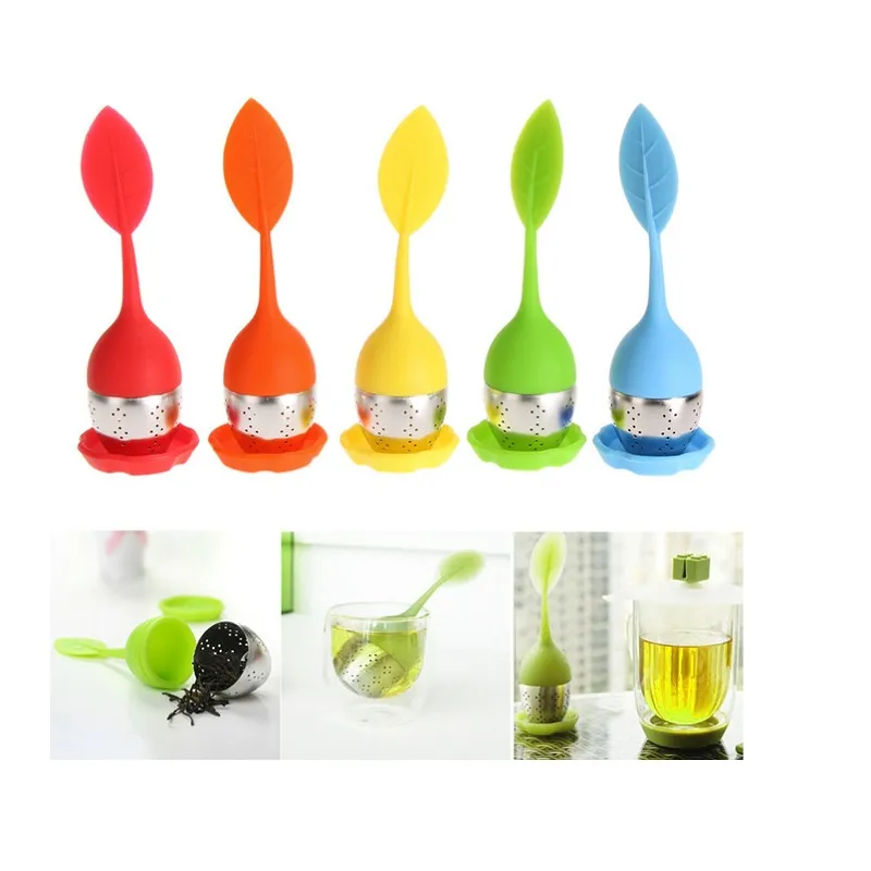 5 Color Sweet Leaf Flower Silicone Tea Infuser Reusable Strainer with Drop Tray Novelty Tea Ball Herbal Spice Filter Tea Tool