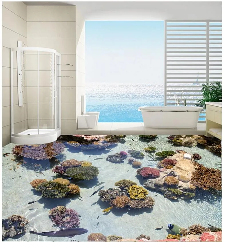 Atacado-Personalizado Photo Floor Wallpaper Coral Tropical Peixe Oceano 3D Piso Pintura PVC Auto-adesivo Murais de Piso Papel De Parede decor Pintura