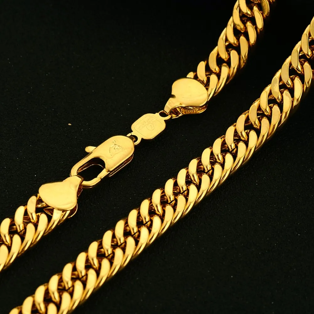 Heavy Mens Necklace Chain 18K Yellow Gold Filled Solid Double Curb Chain Jewelry 60cm Long 10mm Wide225p