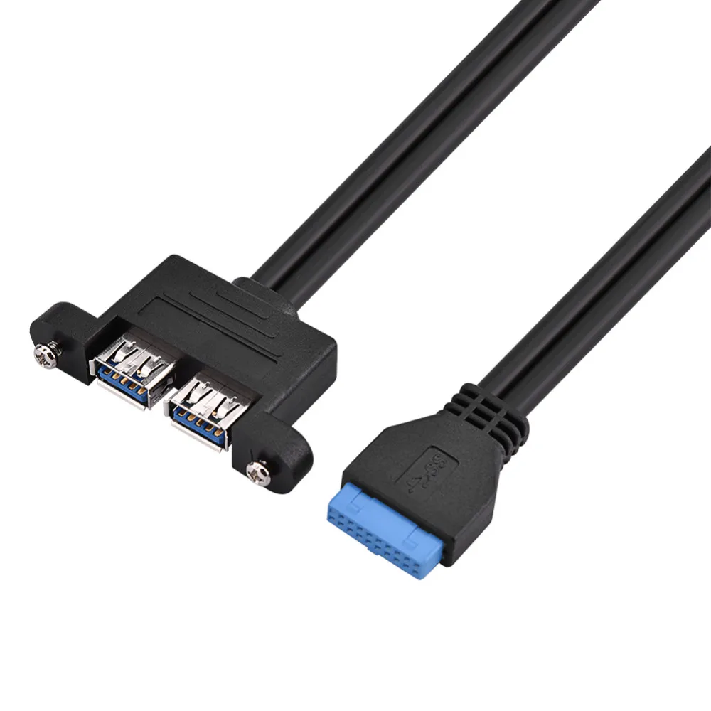 Ligne de panneau avant double port USB 3.0 A montage sur panneau à vis femelle vers câble plat de carte mère à en-tête 20 broches