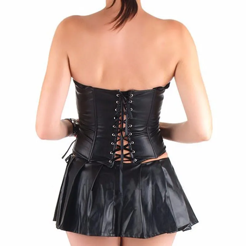 Women Sexy Leather Steampunk Corset PVC Zip Front Back Bandage Top