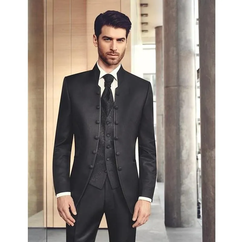 Najlepsza Moda Czarna Mandarin Lapel Sześć Przycisk Mężczyźni 3 Sztuka Subsw Wedding Tuxedos Groom Tuxedos Men Dinner Prom Clothing (kurtka + spodnie + krawat + kamizelka) 71