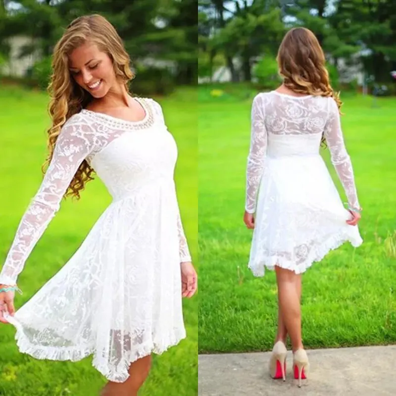 2019 Beach Casual Short Wedding Dresses With Long Sleeves Crystal Beading Scoop Neckline A Line Knee Length Lace Bridal Wear