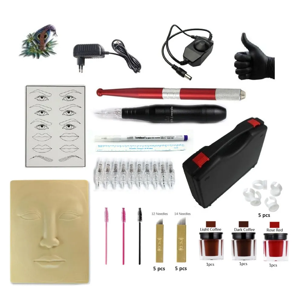 Professionelles komplettes Tattoo- und Make-up-Set, 1 Top-Rotationsmaschine, 3 Tinten, 10 Nadeln