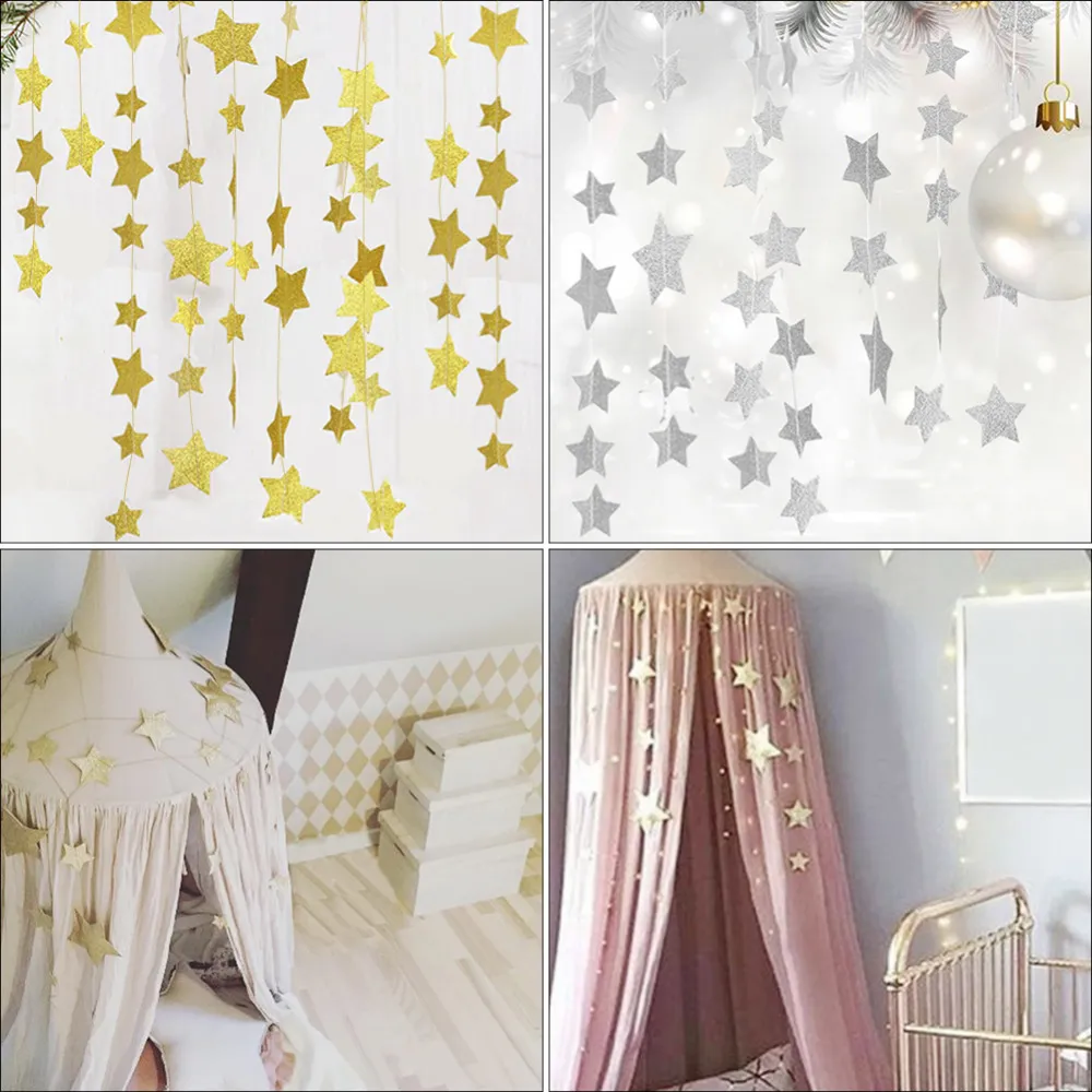 Guirlande de décoration à suspendre avec étoiles dorées, bannière, guirlande d'étoiles pastel, banderoles pour mariages, fêtes, chambres d'enfants, moustiquaires