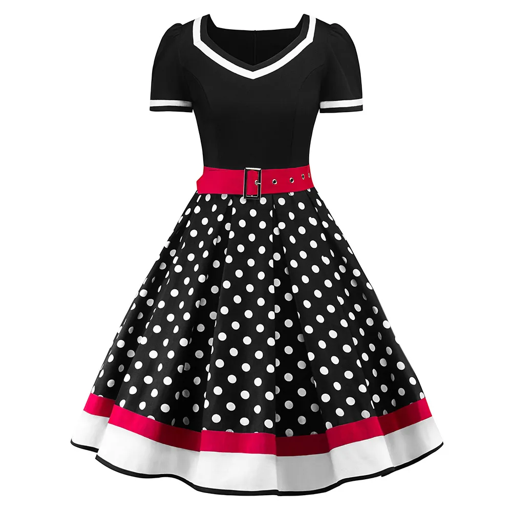 Kenancy V 넥 반팔 폴카 도트 프린트 여름 여성 빈티지 드레스 벨트 파티 Feminino Vestidos Rockabilly 스윙 드레스