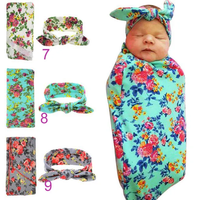 15 Style Dzieci Muzylin Swaddles Ins Okładki Koetki Przedszkole Pościel Newborn Organic Cotton Ins Floral Print Swaddle + Headband Dwie zestawy