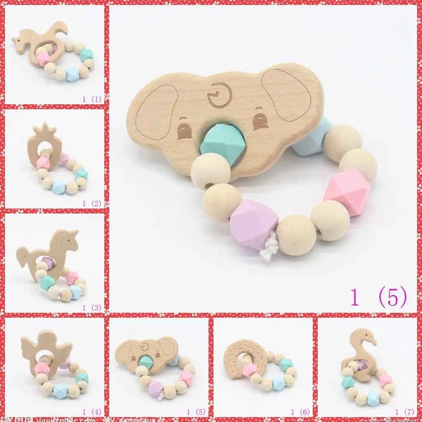 7st Baby Nursing Armband Trä Teether Silikon Beads Tand Trä Rattles Toys Baby Teether Armband Nursing Toys Present Ye022