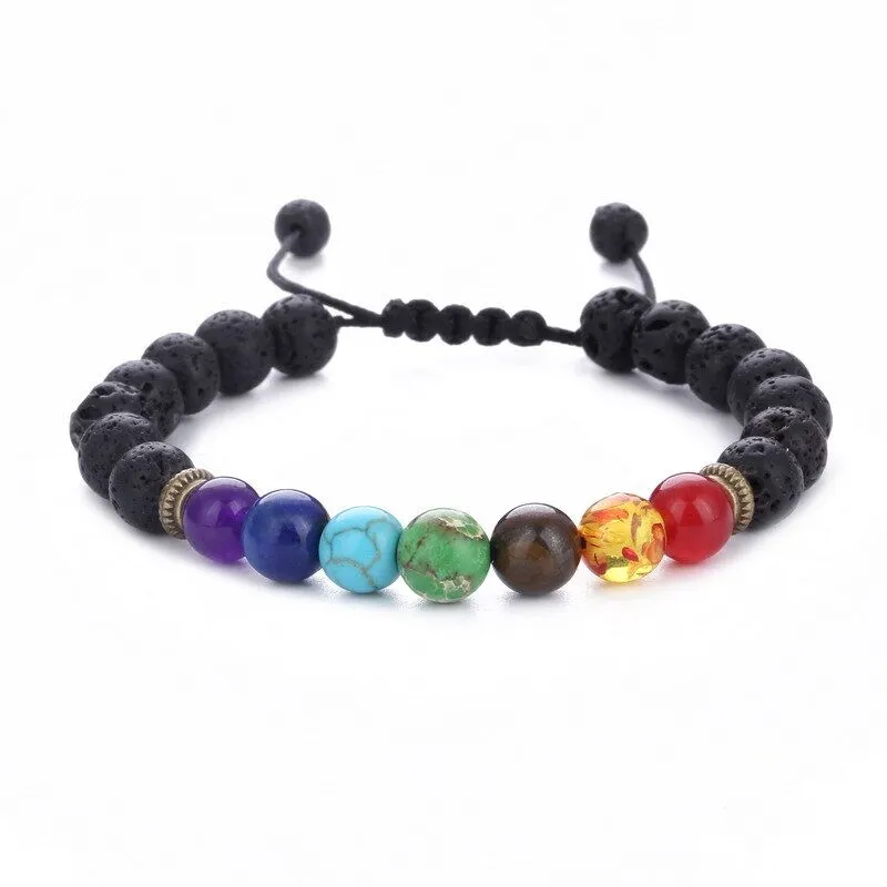 2021 Beaded Strands Seven Chakra Energy Stone Hand Treing of Natural Green and Gold Eye Verstelbare Geweven Bangle Lava-Rock Yoga Armband