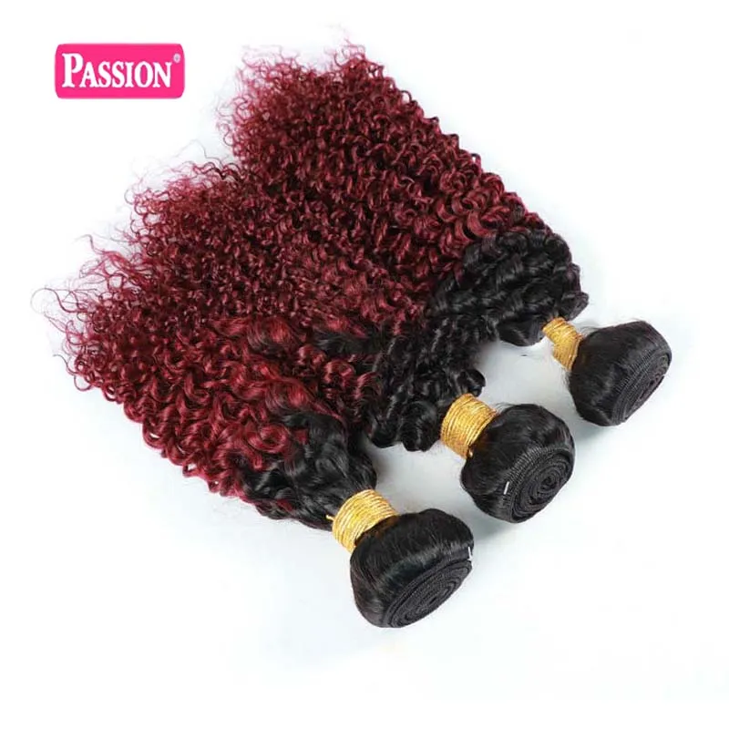 Brasilianska Ombre Burgundy Human Hair 3 Bundles Färgad 1B / 99J Två ton Kinky Curly Virgin Hair Weave Billiga Brasilianska Human Hair Extensions