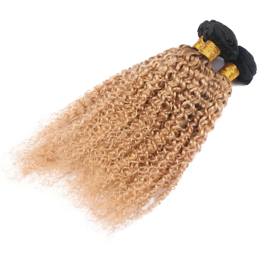 İki Ton 1b 27 Bal Sarışın Ombre Kinky Kıvırcık Saç Uzatma 3 Adet / grup Afro Kinky Curl Brezilyalı Bakire Insan Saçı Örgüleri Düğün saç