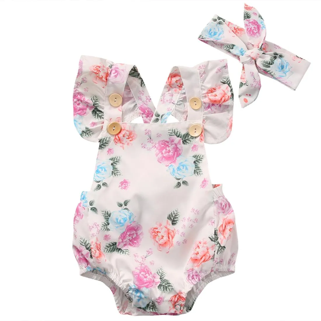 Mameluco floral del bebé ropa conjunto 2018 verano recién nacido niña con volantes de la manga del mono del mono + diadema 2pcs traje Sunsuit