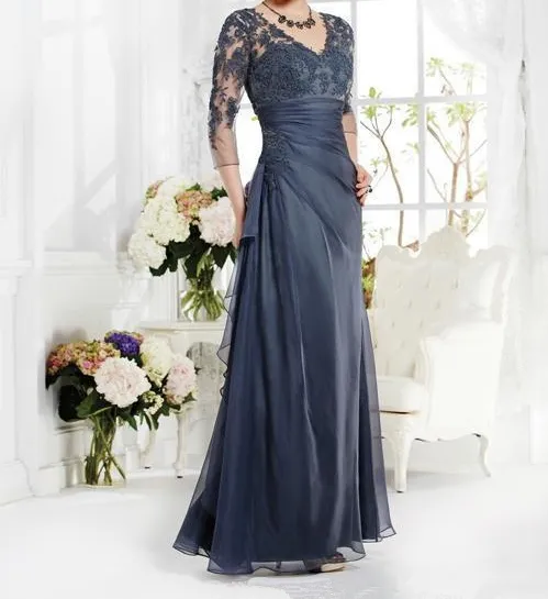 Custom Navy Blue of the Bride occasion dress with sleeves with 3/4 Sleeves, Appliques Lace, A-line V-neckline, and Long Skirt for Winter Party
