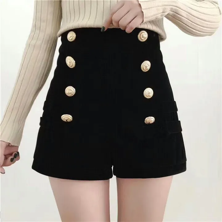 Novo design moda feminina sexy cintura alta veludo botões de cor dourada shorts de peito duplo corte bota calças curtas SMLXL